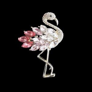 Flamingo Crystal Rhinestone Silver Toned Brooch Pin *NEW*